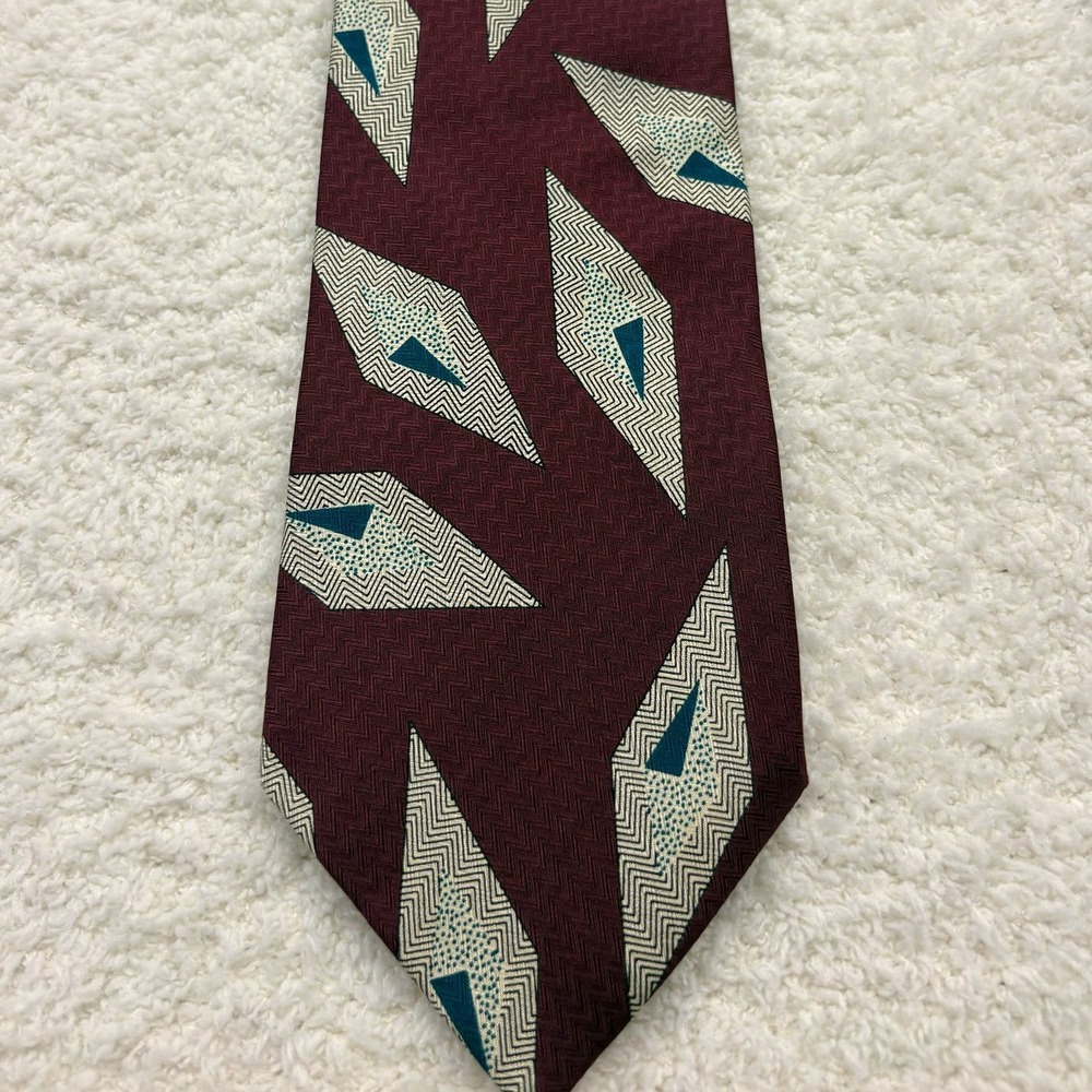 Vito Rufolo Tie Necktie Mens Burgundy Excellent Geometric Silk Wide Herringbone